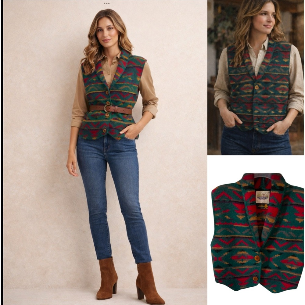 VTG Alps Womens Green Red Tan‎ Aztec 100% Wool Vest 90s 80s Classic MED